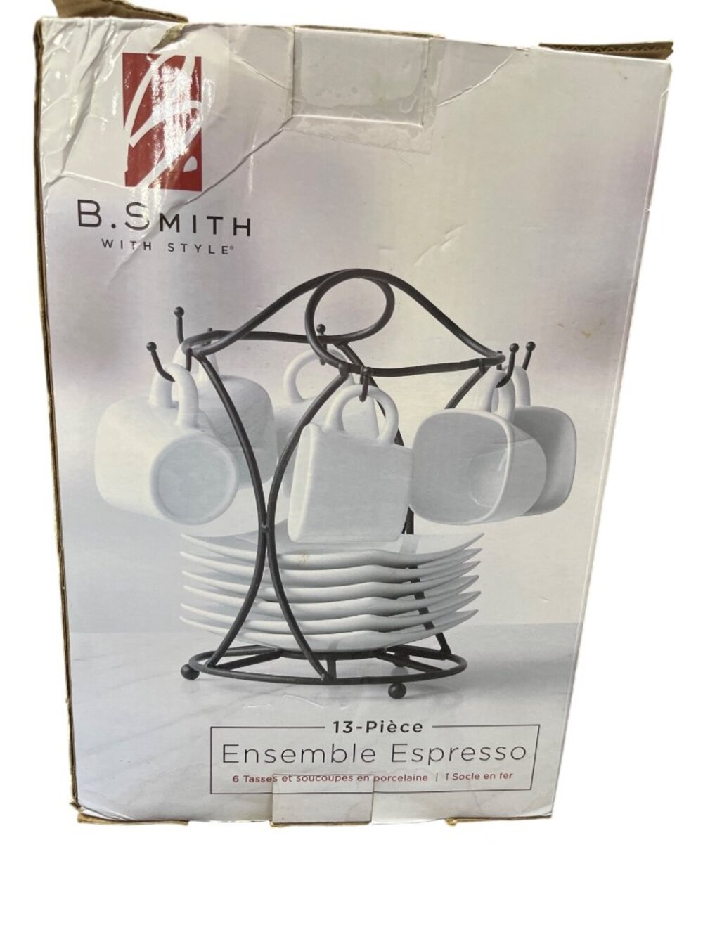 B. Smith 13 piece espresso set ceramic white black rack SKU 10-589